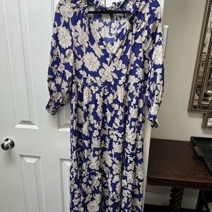 Zara Blue and Cream Floral Long Sleeve Dress